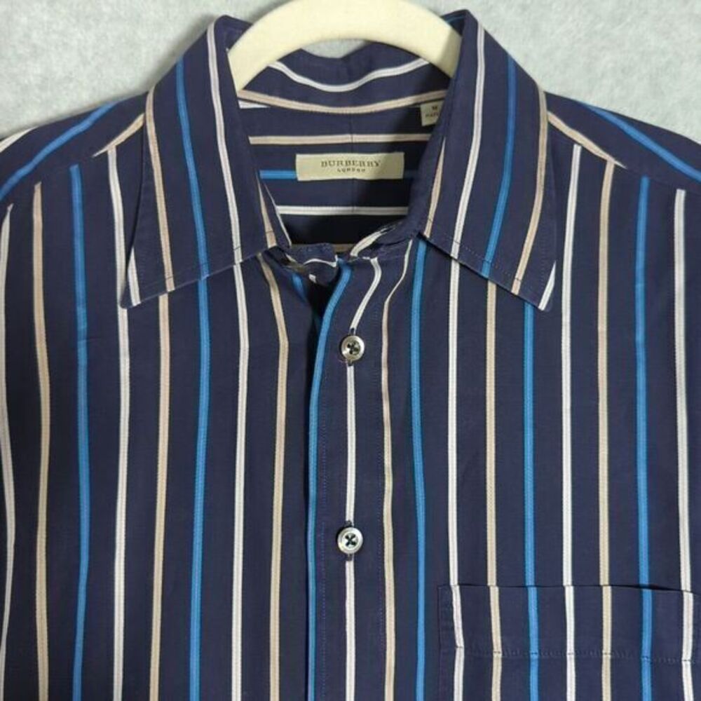 VTG BURBERRY London Button Up Shirt Men's Medium Navy Striped USA‎ Made Retro